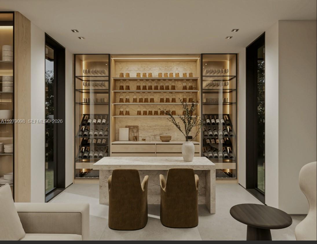 This rendering shows a modern home bar area with glass-fronted wine storage and stone counters — 9330 SW 72nd Ave, Pinecrest FL 33156, PINECREST, FL