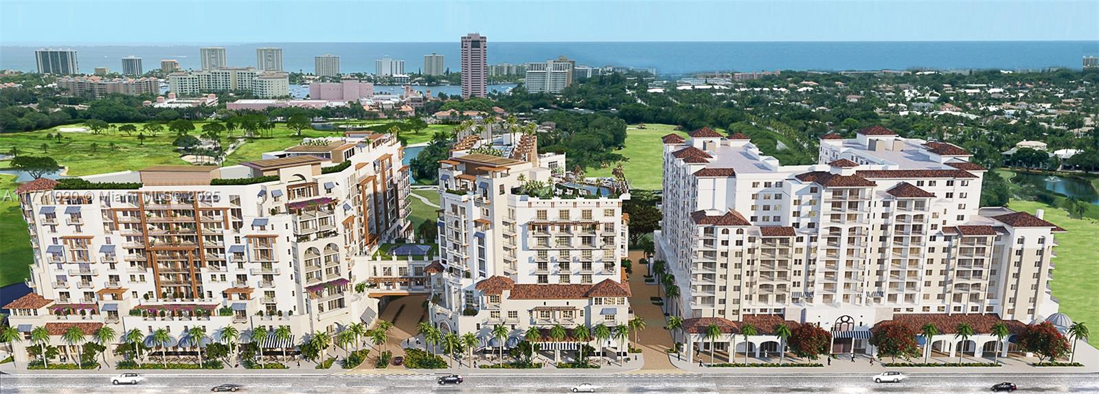 This architectural rendering shows three large, multi-story residential buildings overlooking a golf course and ocean — 105 E Camino Real # 912, Boca Raton FL 33432, BOCA RATON, FL
