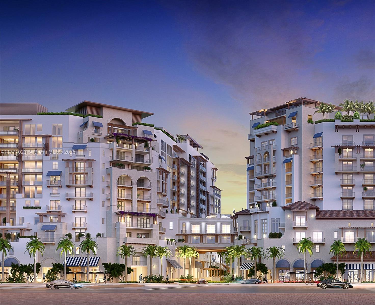 This is a digital rendering of a multi-story residential complex with palm trees and street-level shops — 105 E Camino Real # 912, Boca Raton FL 33432, BOCA RATON, FL