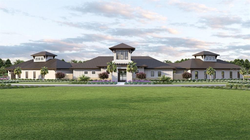 A digital rendering of a modern, single-story community clubhouse with a central tower and landscaping — 9058 CITRUS GROVE WAY, DADE CITY, FL