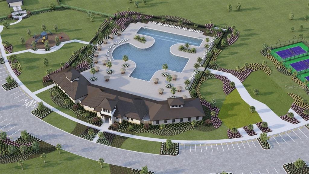 This rendering shows a community clubhouse with a swimming pool, playground, and tennis courts — 9058 CITRUS GROVE WAY, DADE CITY, FL