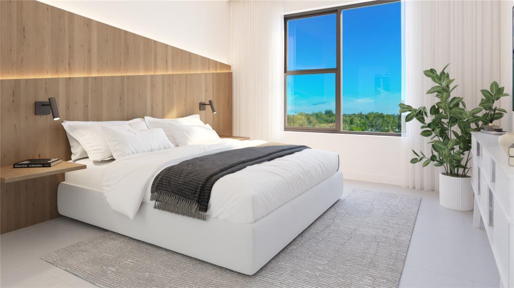 This is a rendering of a modern bedroom featuring a wood-paneled wall and large window — 4950 REMINGTON DRIVE UNIT 203, SARASOTA, FL