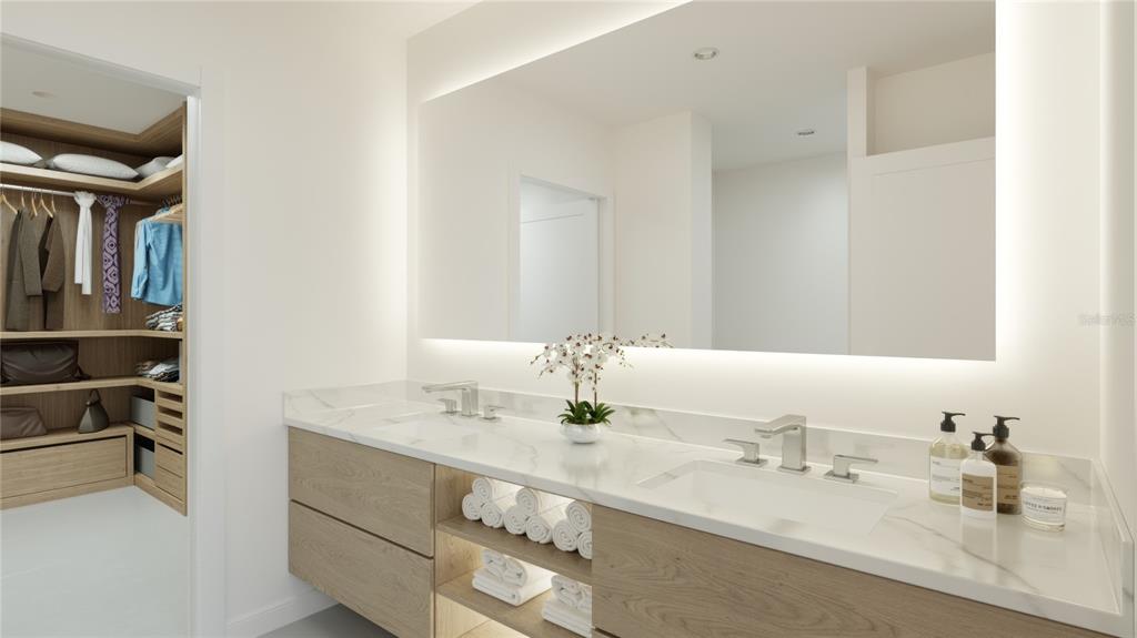 This rendering shows a modern bathroom with a double vanity, marble countertop, and walk-in closet — 4950 REMINGTON DRIVE UNIT 203, SARASOTA, FL