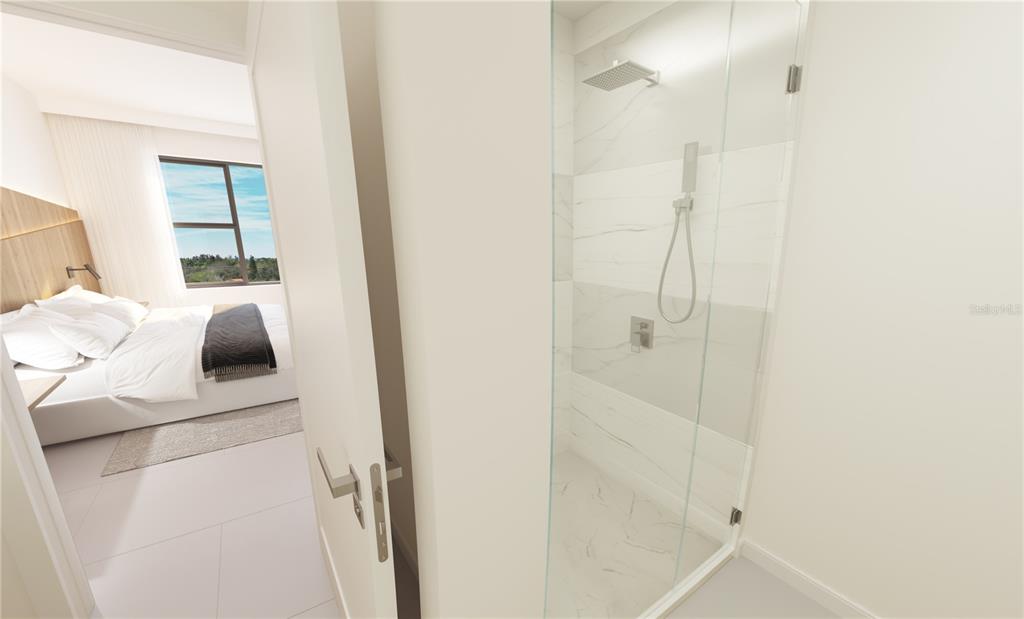 This rendering shows a modern bathroom with a glass-enclosed shower next to a bedroom — 4950 REMINGTON DRIVE UNIT 203, SARASOTA, FL