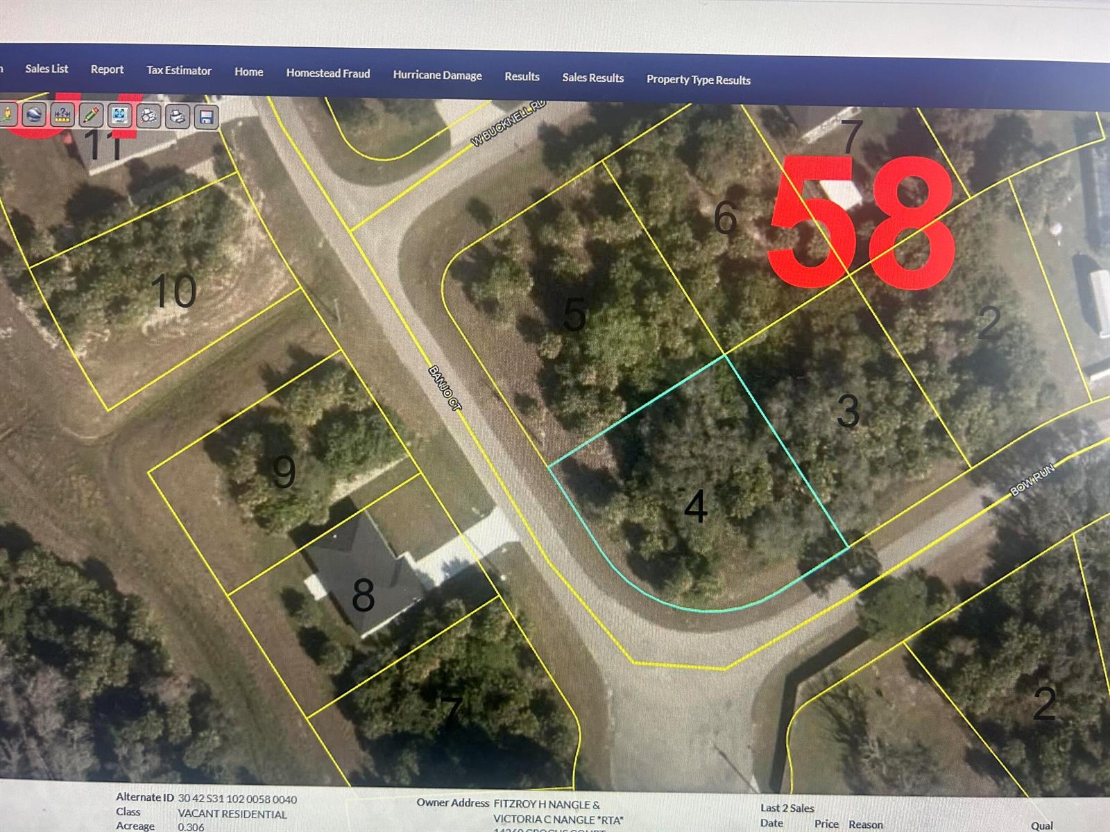This is a satellite map showing residential property lots and street layouts — 1054 Bow Run, FL 33935, FL