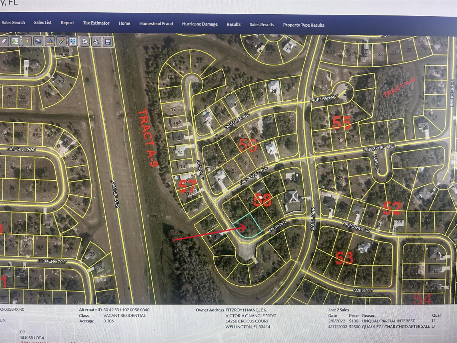 This is a property tax map showing residential lots and street layouts in a neighborhood — 1054 Bow Run, FL 33935, FL