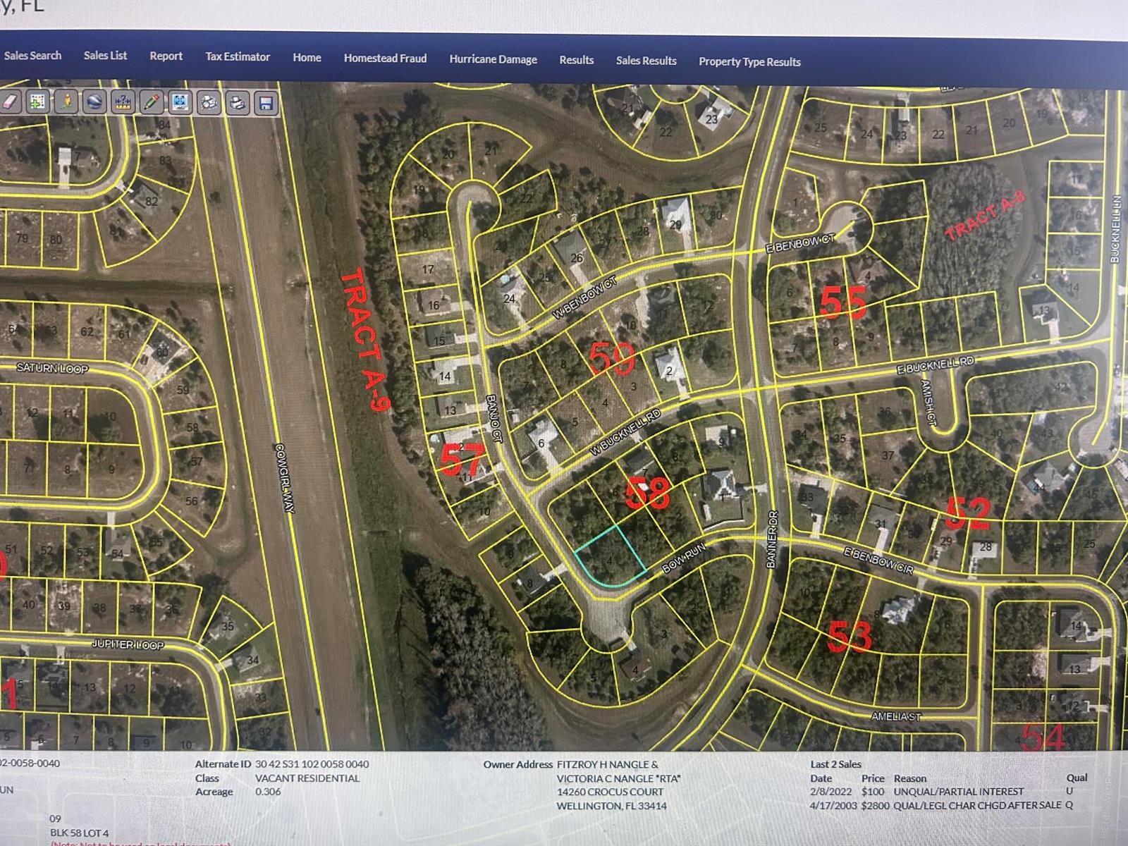 This is a digital map showing residential property parcels and street layouts — 1054 Bow Run, FL 33935, FL