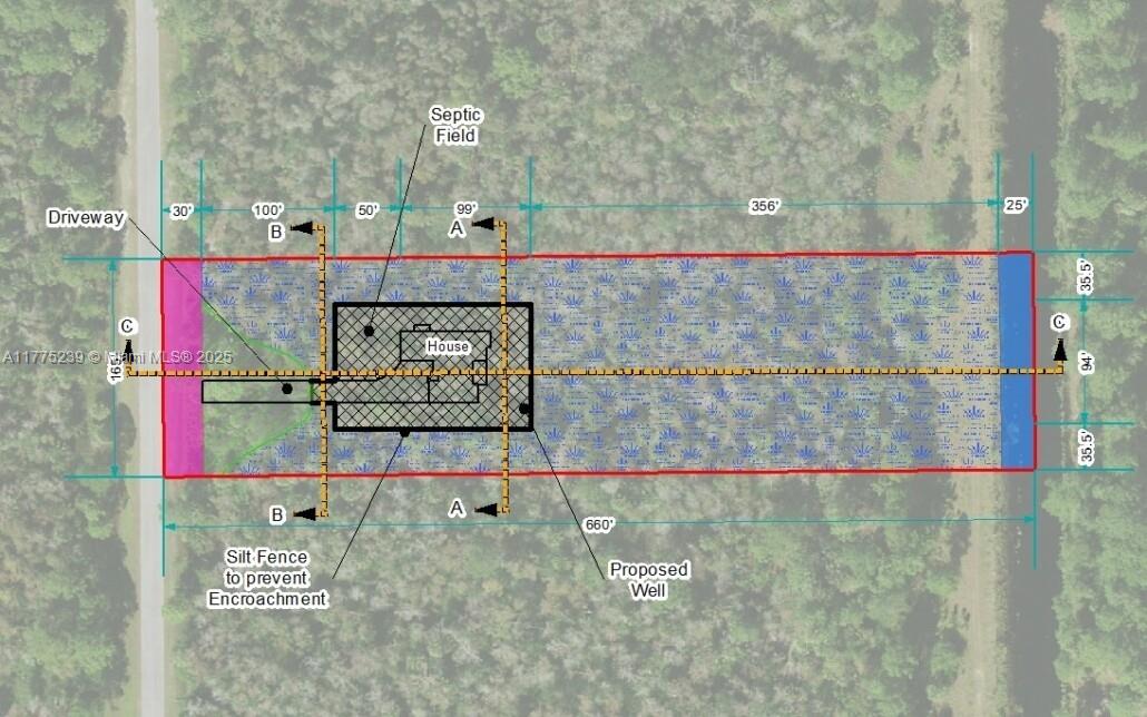 This site plan shows a proposed house, septic field, well, and driveway on a rectangular lot — 2521 NE 20th Avenue, Naples FL 34120, NAPLES, FL