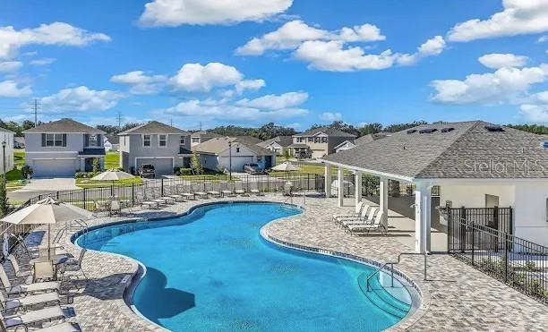 A community swimming pool with lounge chairs and a covered patio area — 37445 SHARKS EYE LANE, ZEPHYRHILLS, FL