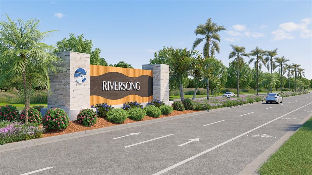 This is a digital rendering of the Riversong community entrance sign along a paved road — 16816 HARMONY RIVER LANE, PARRISH, FL