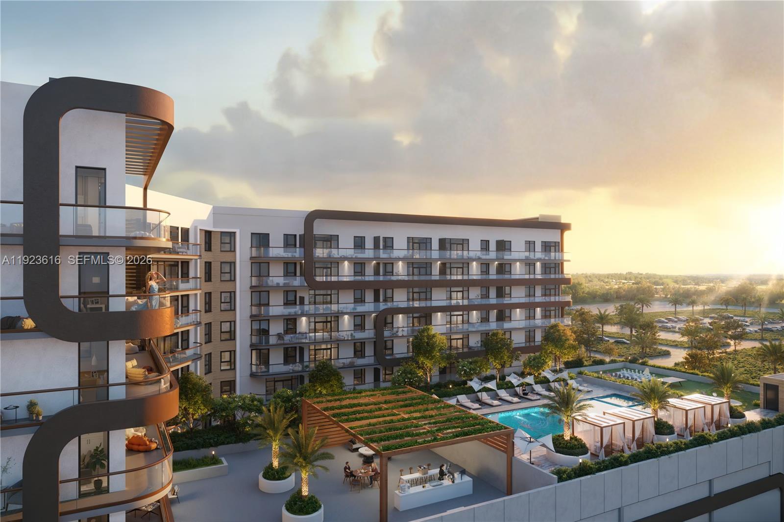 This is a rendering of a modern apartment complex with a pool and outdoor lounge — 218 SE 7th St # 612A, Hallandale Beach FL 33009, HALLANDALE BEACH, FL