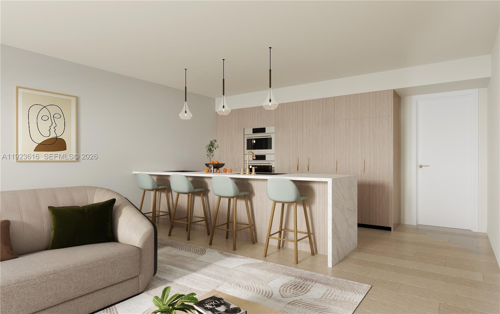 This is a rendering of a modern kitchen with light wood cabinetry and a marble island — 218 SE 7th St # 612A, Hallandale Beach FL 33009, HALLANDALE BEACH, FL