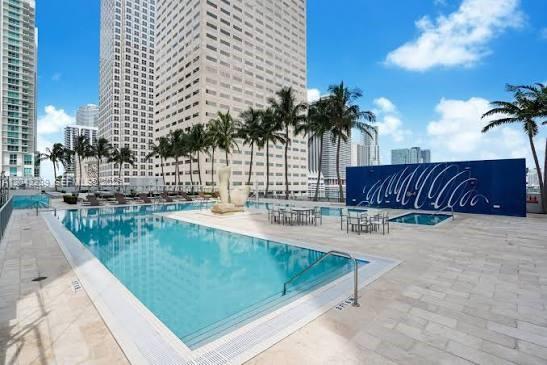 An outdoor swimming pool on a stone deck surrounded by palm trees and city skyscrapers — 335 S Biscayne Blvd # 804, Miami FL 33131, MIAMI, FL