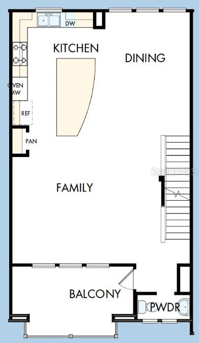 This is a floor plan showing a kitchen, dining area, family room, balcony, and powder room — 1658 SPRINGWELL LANE, SARASOTA, FL