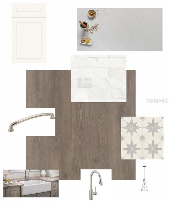 This is a design mood board featuring kitchen cabinetry, flooring, countertop, tile, and hardware samples — 1658 SPRINGWELL LANE, SARASOTA, FL