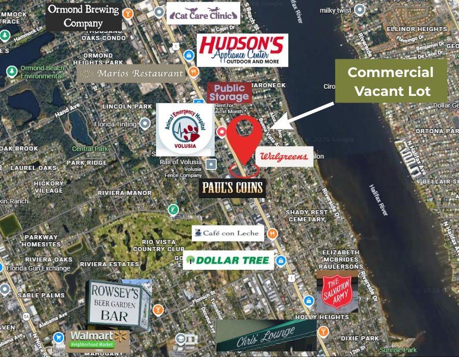 This is a map showing a commercial vacant lot marked with a red pin — BRENTWOOD DRIVE, DAYTONA BEACH, FL