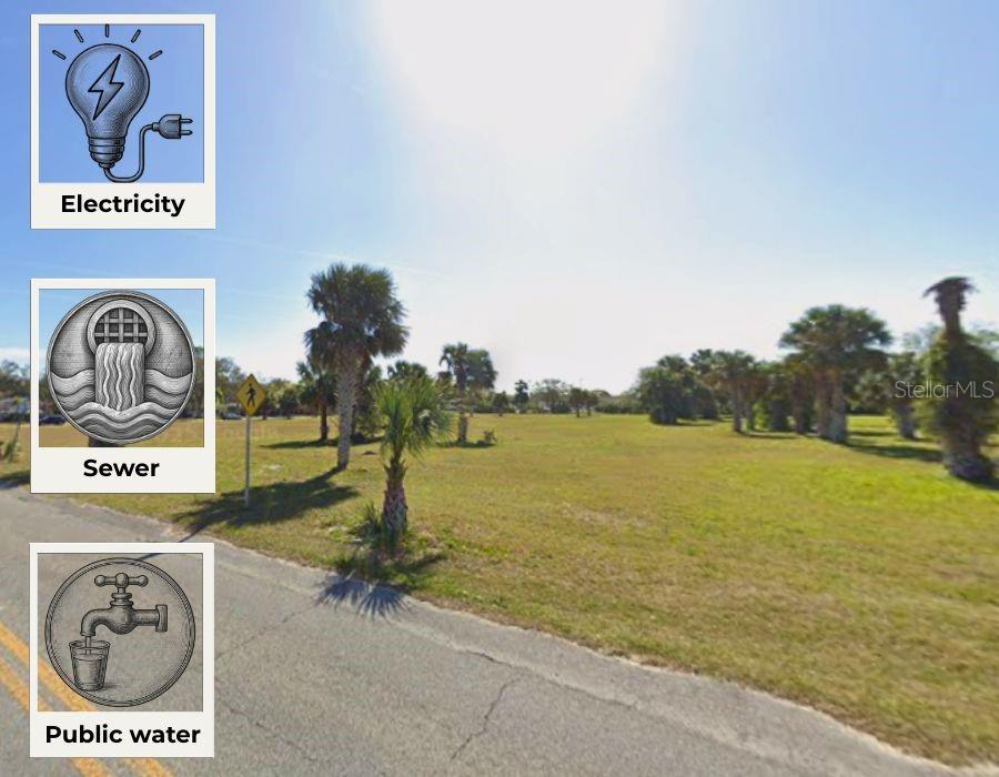 A vacant grassy lot with palm trees features icons indicating available electricity, sewer, and water — BRENTWOOD DRIVE, DAYTONA BEACH, FL