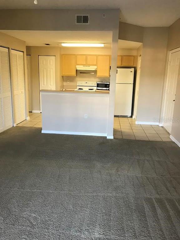 A carpeted living room opens to a kitchen with light wood cabinets and white appliances — 10831 WINDSOR WALK DRIVE UNIT 1308, ORLANDO, FL
