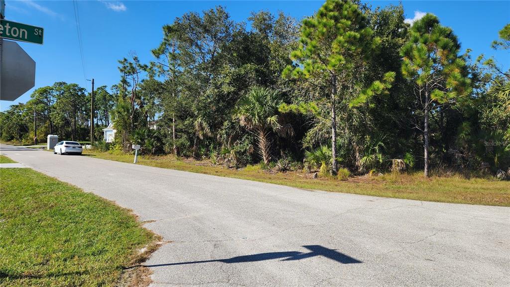 A paved road leads past a wooded, undeveloped lot with a street sign — 12062 COLEMAN AVENUE, PORT CHARLOTTE, FL