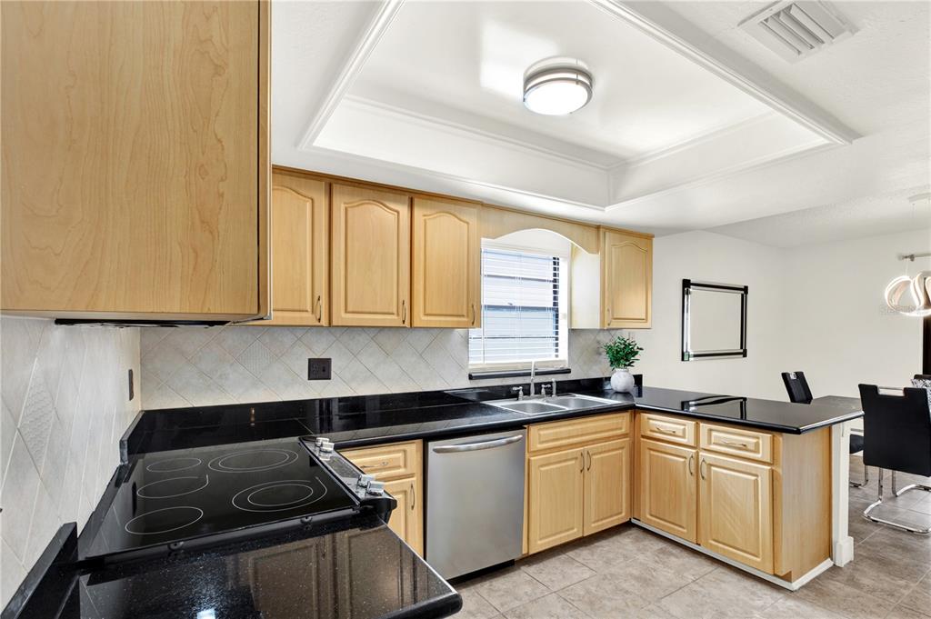 A kitchen with light wood cabinets, black countertops, stainless steel appliances, and tile flooring — 20 SYLVIA PLACE, OLDSMAR, FL