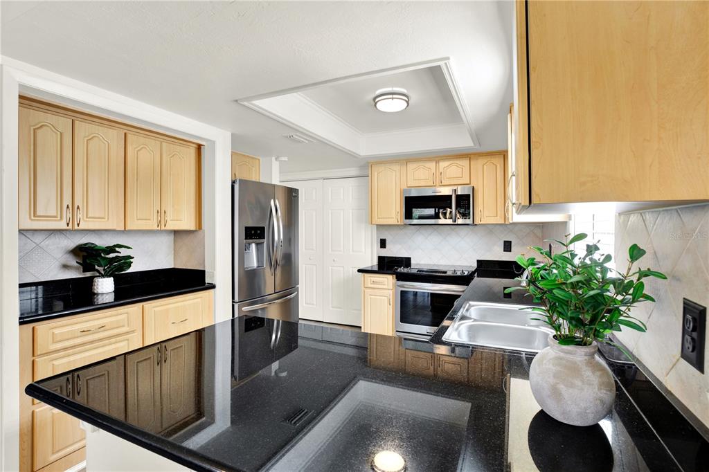 A kitchen with light wood cabinets, black granite countertops, and stainless steel appliances — 20 SYLVIA PLACE, OLDSMAR, FL