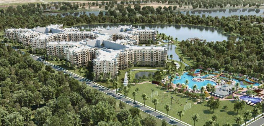This is an aerial rendering of a large apartment complex with a pool and lake — 14501 GROVE RESORT AVENUE UNIT 3538, WINTER GARDEN, FL