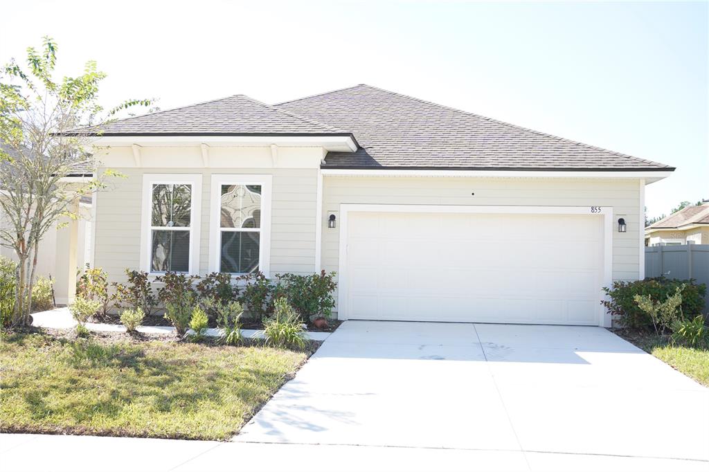 A single-story house with light-colored siding, a two-car garage, and a shingled roof — 855 SYCAMORE WAY, ORANGE PARK, FL