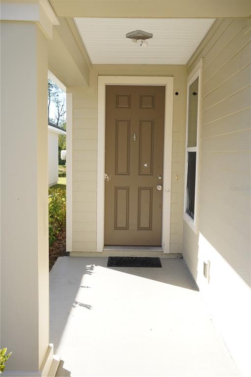 A covered front porch leads to a brown four-panel door with a small doormat — 855 SYCAMORE WAY, ORANGE PARK, FL