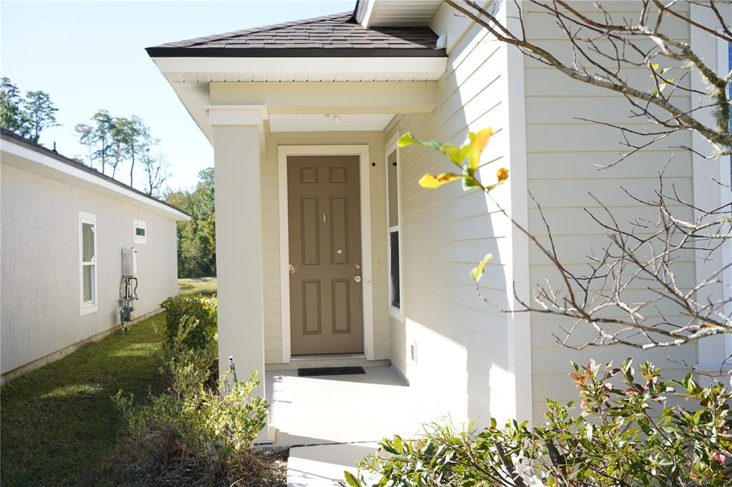 A tan house exterior features a covered entryway with a brown front door — 855 SYCAMORE WAY, ORANGE PARK, FL