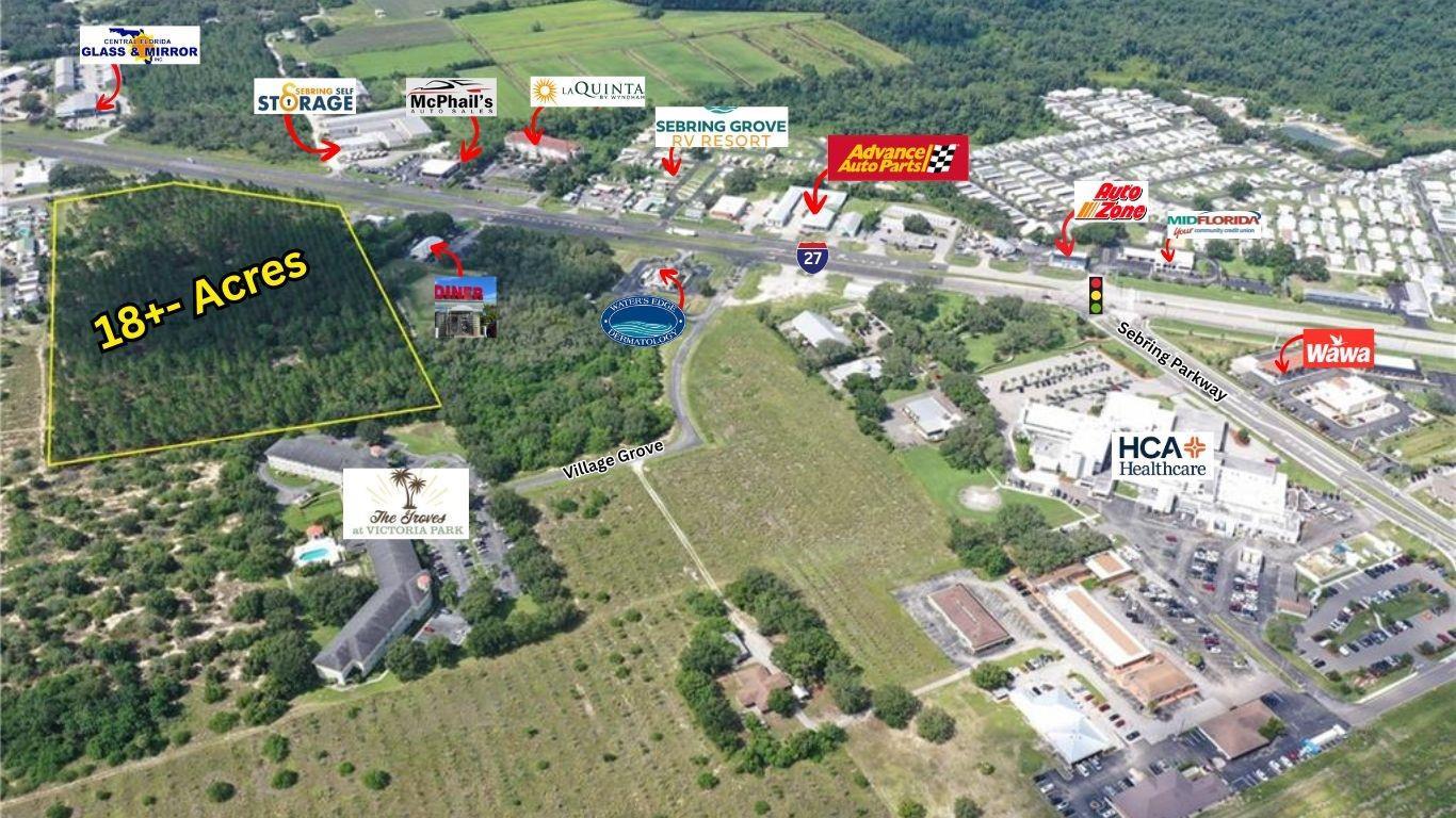 This aerial map shows an undeveloped 18-acre wooded lot near commercial businesses and a hospital — 4300 Us-27, Sebring FL 33870, SEBRING, FL