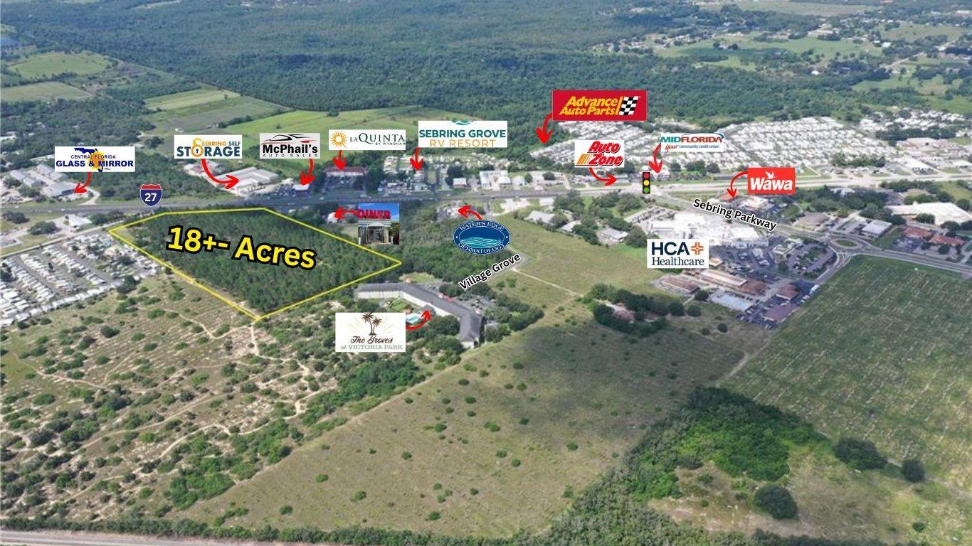 This aerial map shows an undeveloped 18-acre plot of land surrounded by commercial properties — 4300 Us-27, Sebring FL 33870, SEBRING, FL