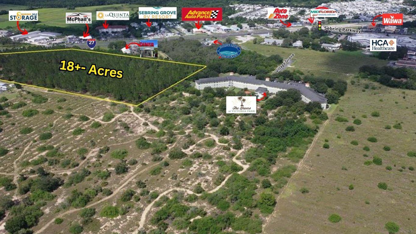 This aerial map shows an undeveloped 18-acre plot of land near various commercial businesses — 4300 Us-27, Sebring FL 33870, SEBRING, FL