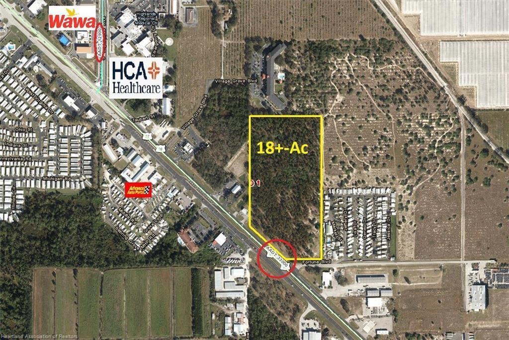 This is an aerial map showing an 18-acre parcel of land highlighted in yellow — 4300 Us-27, Sebring FL 33870, SEBRING, FL