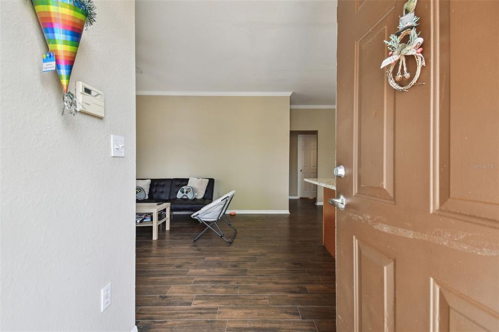 A view from an open brown door into a living room with wood-look flooring — 9740 LAKE CHASE ISLAND WAY UNIT 9740, TAMPA, FL