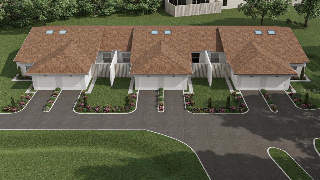 This is a digital rendering of a three-unit residential building with attached garages and driveways — 1411 OAK PL UNIT A, APOPKA, FL