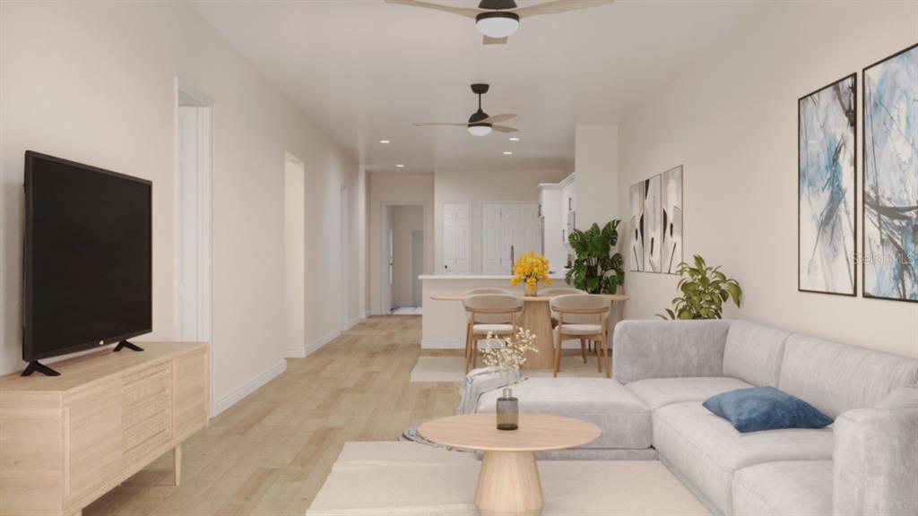 This is a digital rendering of an open-concept living and dining area with light flooring — 1411 OAK PL UNIT A, APOPKA, FL