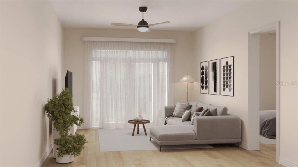 This is a digital rendering of a living room with a sectional sofa and ceiling fan — 1411 OAK PL UNIT A, APOPKA, FL