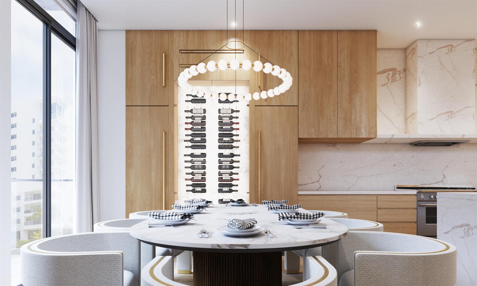 This rendering shows a dining room with a marble table, circular light, and wine storage — 200 E Boca Raton Road, Boca Raton FL 33432, BOCA RATON, FL
