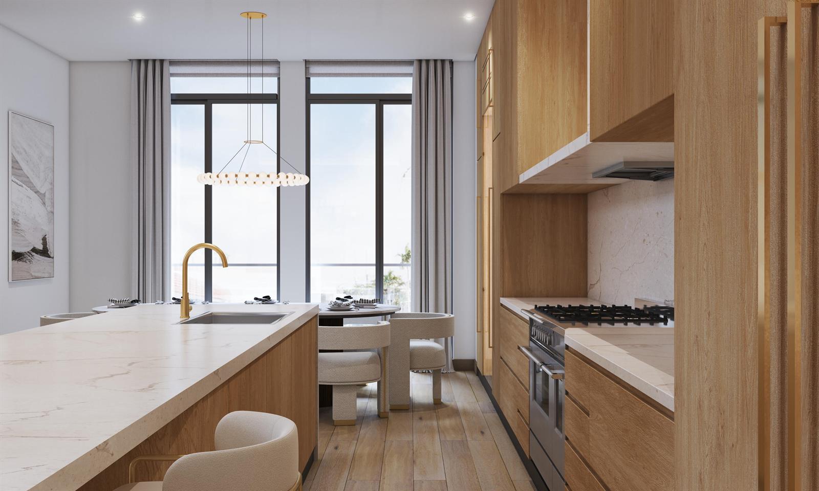 This rendering shows a modern kitchen with wood cabinetry, a stone island, and dining area — 200 E Boca Raton Road, Boca Raton FL 33432, BOCA RATON, FL