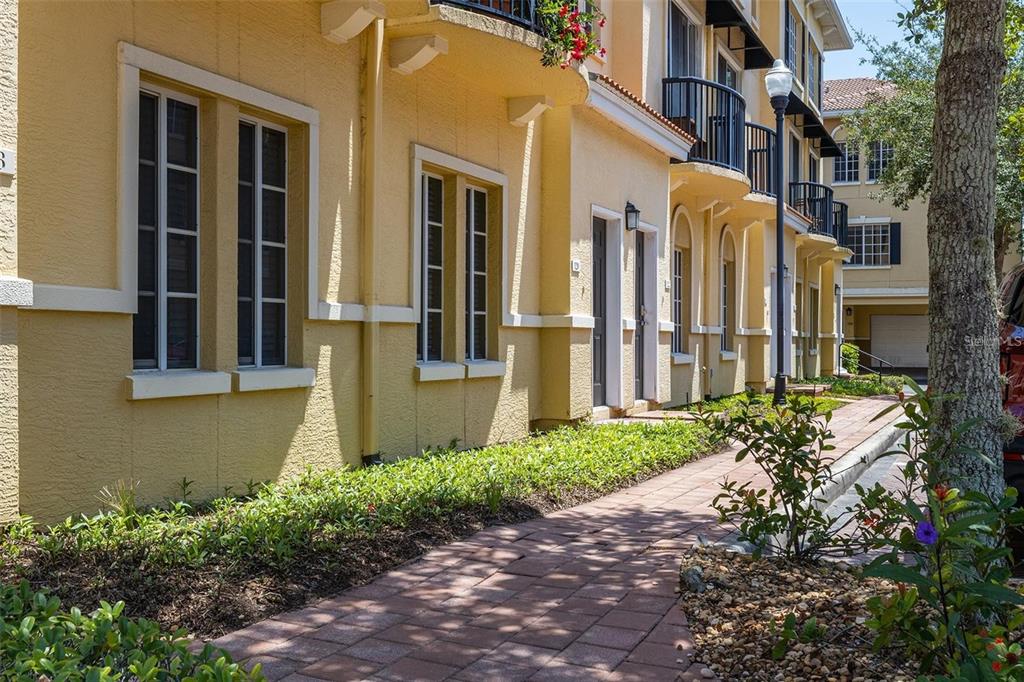 A paved walkway leads past the yellow stucco exterior of a multi-story townhouse complex — 126 BEACH HAVEN LANE UNIT 126, TAMPA, FL