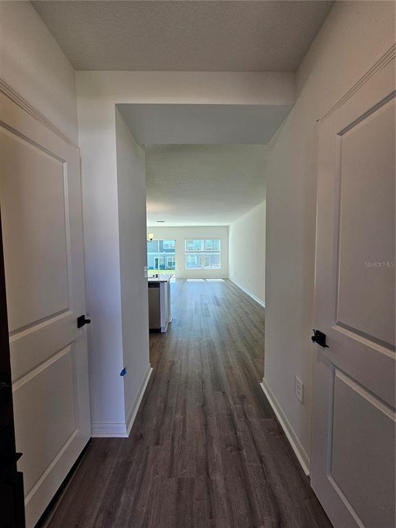 A narrow hallway with wood-look flooring leads into an open-concept living area with large windows — 9377 WESTSIDE HILLS DRIVE, DAVENPORT, FL