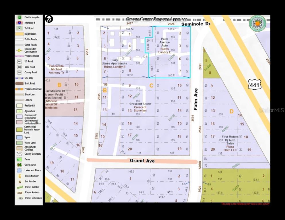 This is a property tax map showing lot lines, parcel numbers, and street names — 2524 ORANGE BLOSSOM TRAIL NW, APOPKA, FL