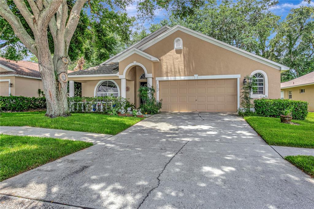 A tan single-story house features a two-car garage, arched entryway, and a large front tree — 3049 BEAVER POND TRAIL, VALRICO, FL
