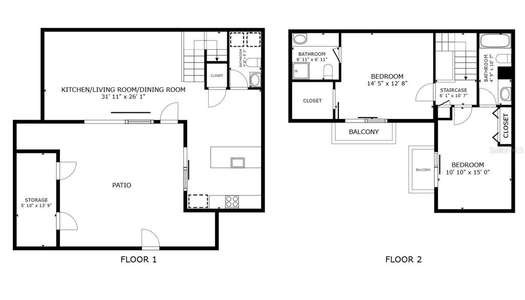 This is a two-story floor plan showing a kitchen, living area, bedrooms, and outdoor spaces — 2942 POPLAR AVENUE, LEESBURG, FL