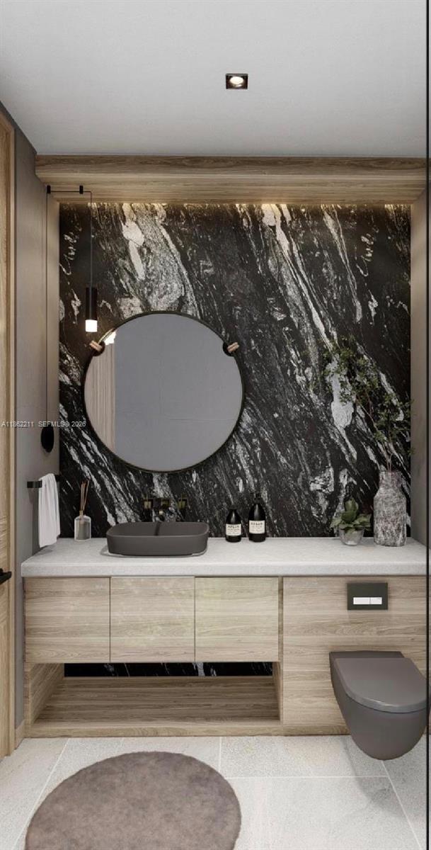 This rendering shows a modern bathroom with a black marble wall, wooden vanity, and toilet — 2664 SW 17th Ave, Miami FL 33133, MIAMI, FL