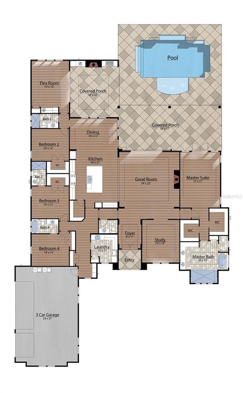 This floor plan shows a single-story house layout with four bedrooms, a pool, and garage — 5995 SW 124TH WAY, ARCHER, FL