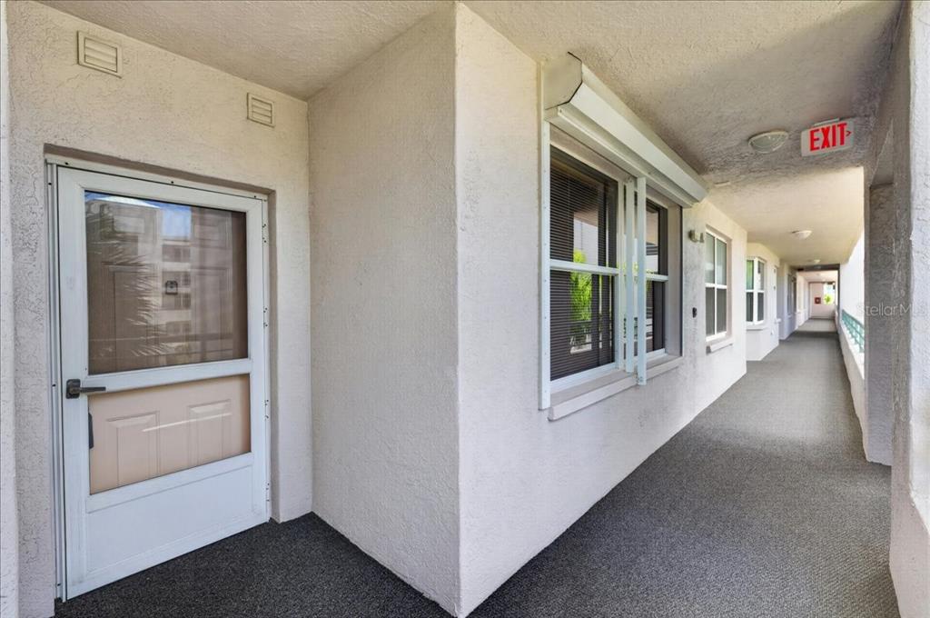 An exterior view of a building hallway featuring a white door and a window — 8001 SAILBOAT KEY BOULEVARD S UNIT 201, ST PETE BEACH, FL