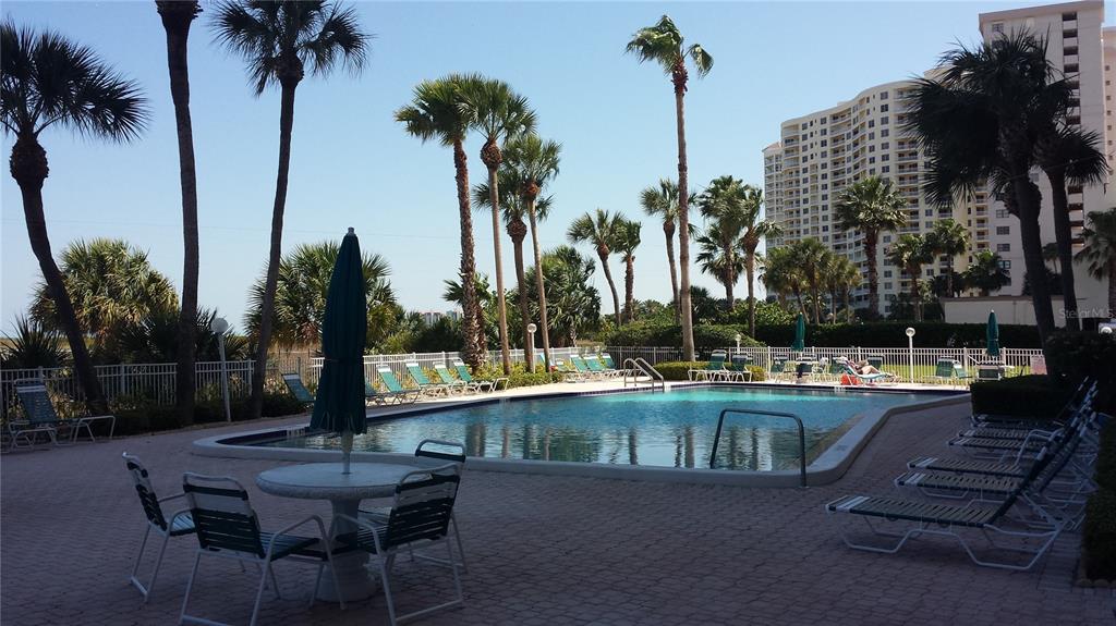 A swimming pool surrounded by lounge chairs and palm trees with a high-rise building nearby — 1270 GULF BOULEVARD UNIT 302, CLEARWATER BEACH, FL