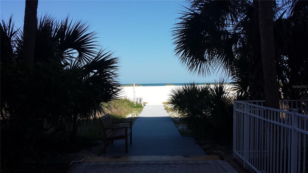 A wooden boardwalk leads through palm trees toward a white sand beach and the ocean — 1270 GULF BOULEVARD UNIT 302, CLEARWATER BEACH, FL