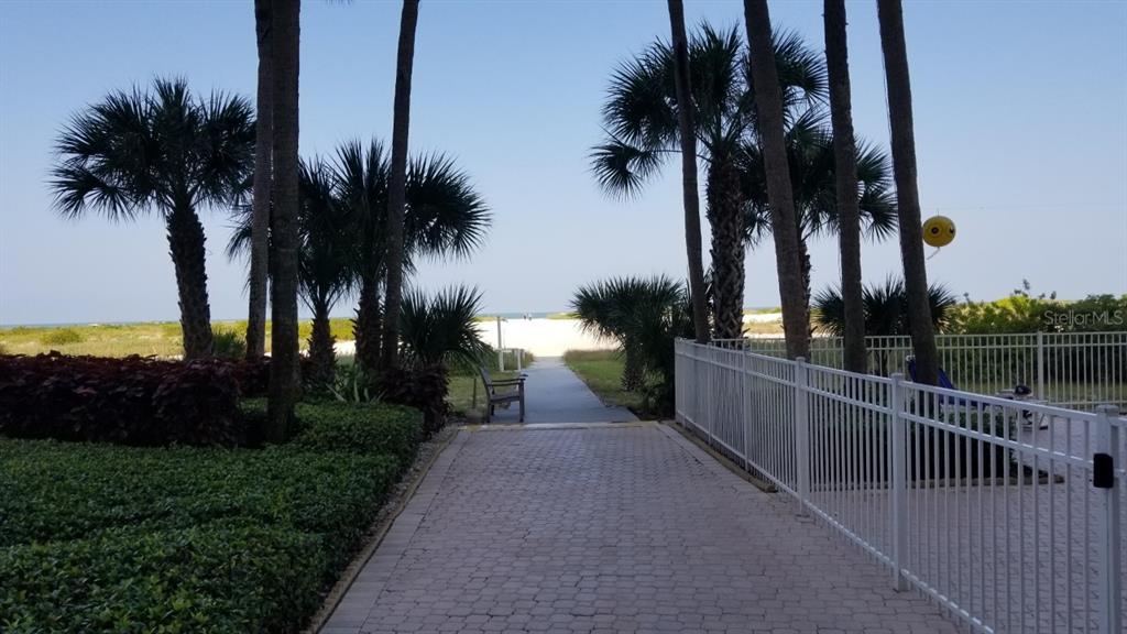 A paved walkway leads through palm trees toward a sandy beach behind a white fence — 1270 GULF BOULEVARD UNIT 302, CLEARWATER BEACH, FL